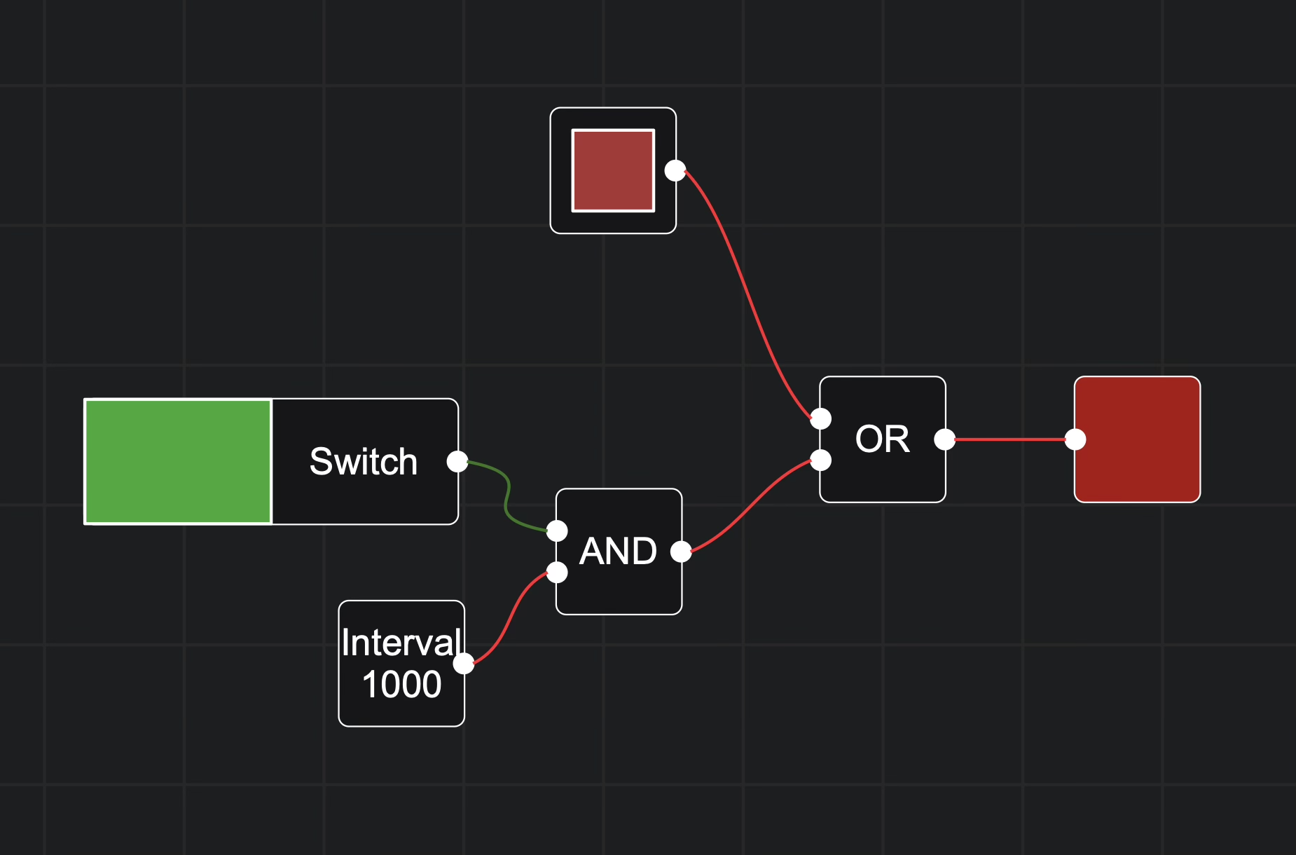 The Logic Nodes editor with a circuit of gates, delays, and displays on the canvas